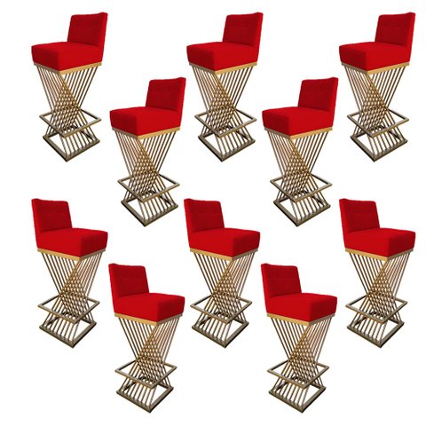 Kit 10 Banquetas Luma Base de Ferro Sued Vermelho - D'classe Decor