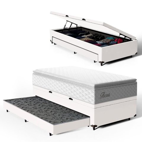 Cama Box Baú com Colchão de Molas Ensacadas Pillow Top Flora + Auxiliar Unique Solteiro 88cm