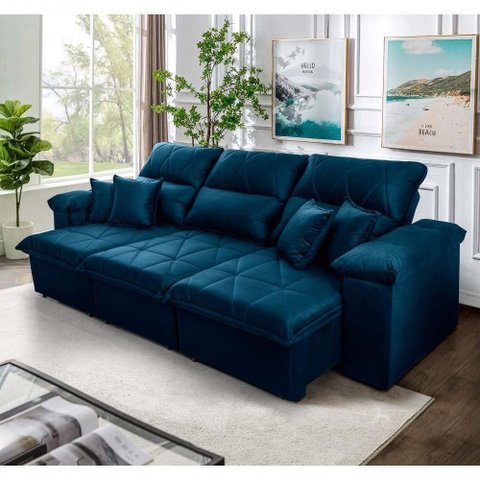 Sofá Retrátil Reclinável Trento 2,30m Suede Velut Azul Molas no Assento - King House