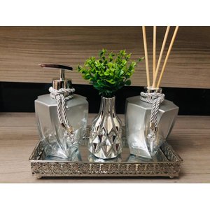 Kit Lavabo Luxo Prata Cromado Aromatizador Sabonete Vaso