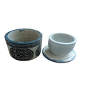 Ver imagem 2 de Manteigueira Francesa Decorada em Pedra Sabão - Azul Flor M-02