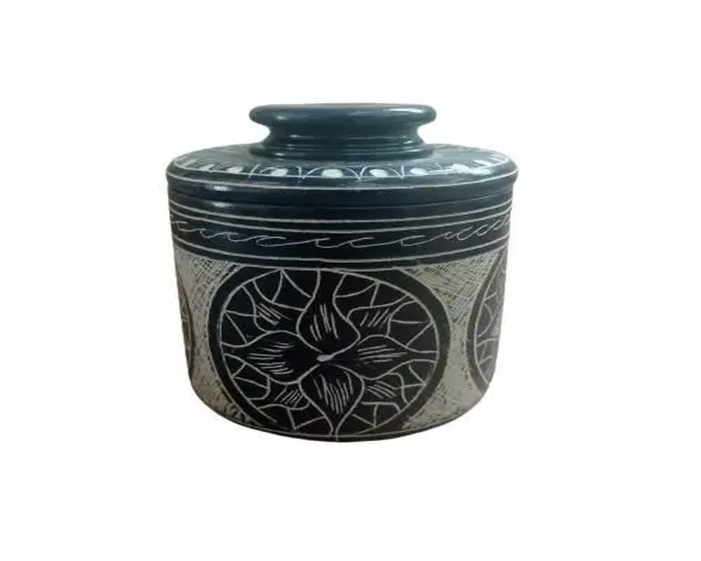 Manteigueira Francesa Decorada em Pedra Sabão - Azul Flor M-02