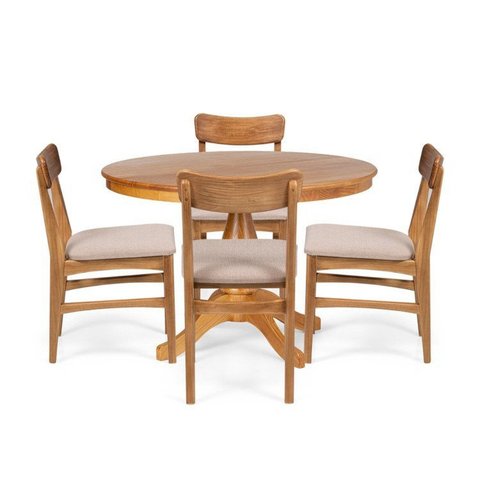 Conjunto Mesa de Jantar Redonda Madeira Maciça Gardênia com 4 Cadeiras Estofadas Olmo Mel/Bege Mescl