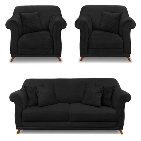 Kit 2 Poltronas E Sofá 2 Lugares 1,60m Preto Pés Castanho