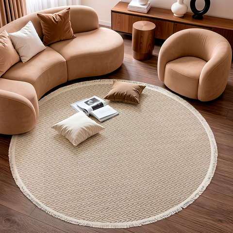 Tapete Redondo Sala Quarto 100% Algodão Estampa Zigzag Franja Lavável Antiderrapante Decoração Boho