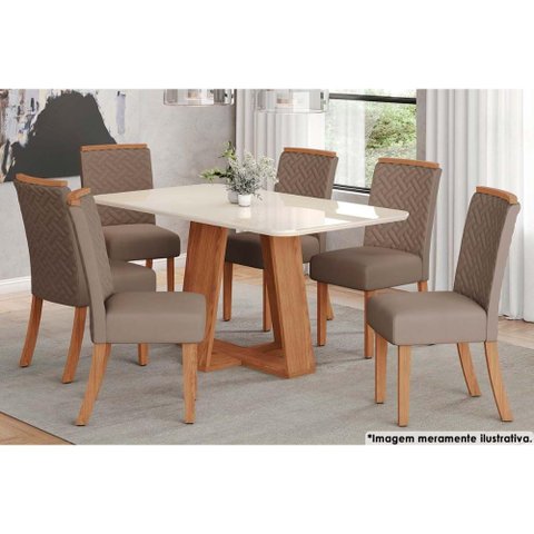 Sala de Jantar Completa Lins C/ Tampo Madeirado C/ Vidro Curvo 160x90cm e 6 Cadeiras Malu Nature/