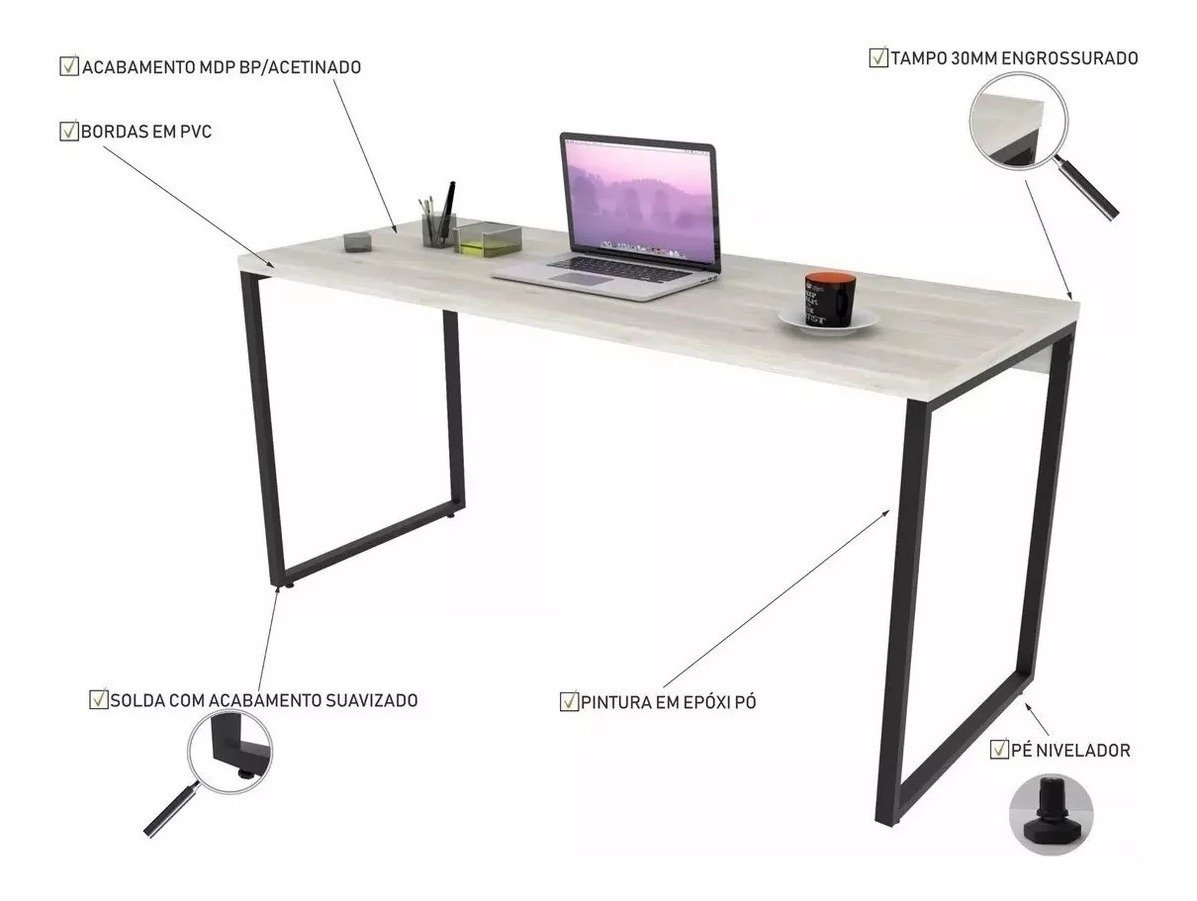 Mesa Para Computador Diretor Estilo Industrial 1,50m Kuadra - 4