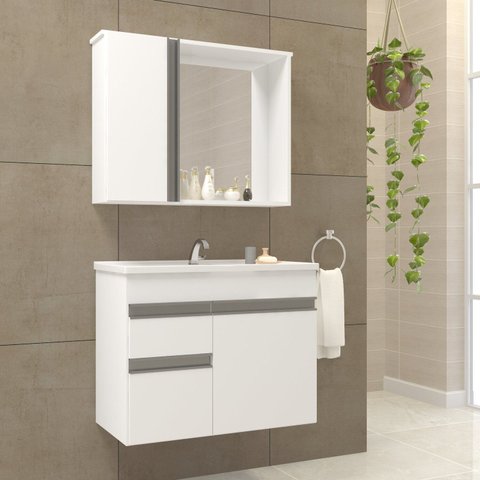 Conjunto Gabinete para Banheiro Suspenso com Espelheira e Cuba Branco Napoli