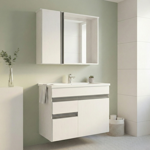 Conjunto Gabinete Suspenso com Pia e Espelheira 60cm Branco Napoli