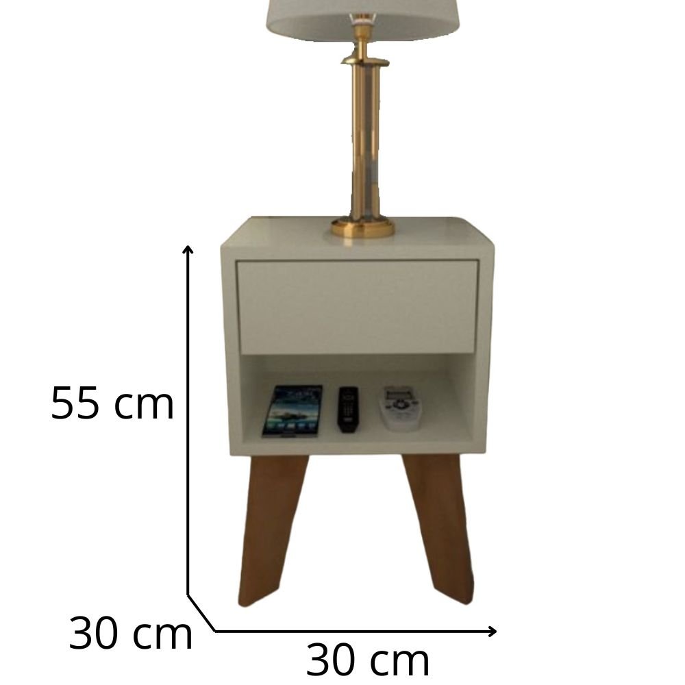 Kit 2 Mesas de Cabeceira 1 Gaveta 30 Cm Mdf Branco com Pés Fj Decor Retrô - 3