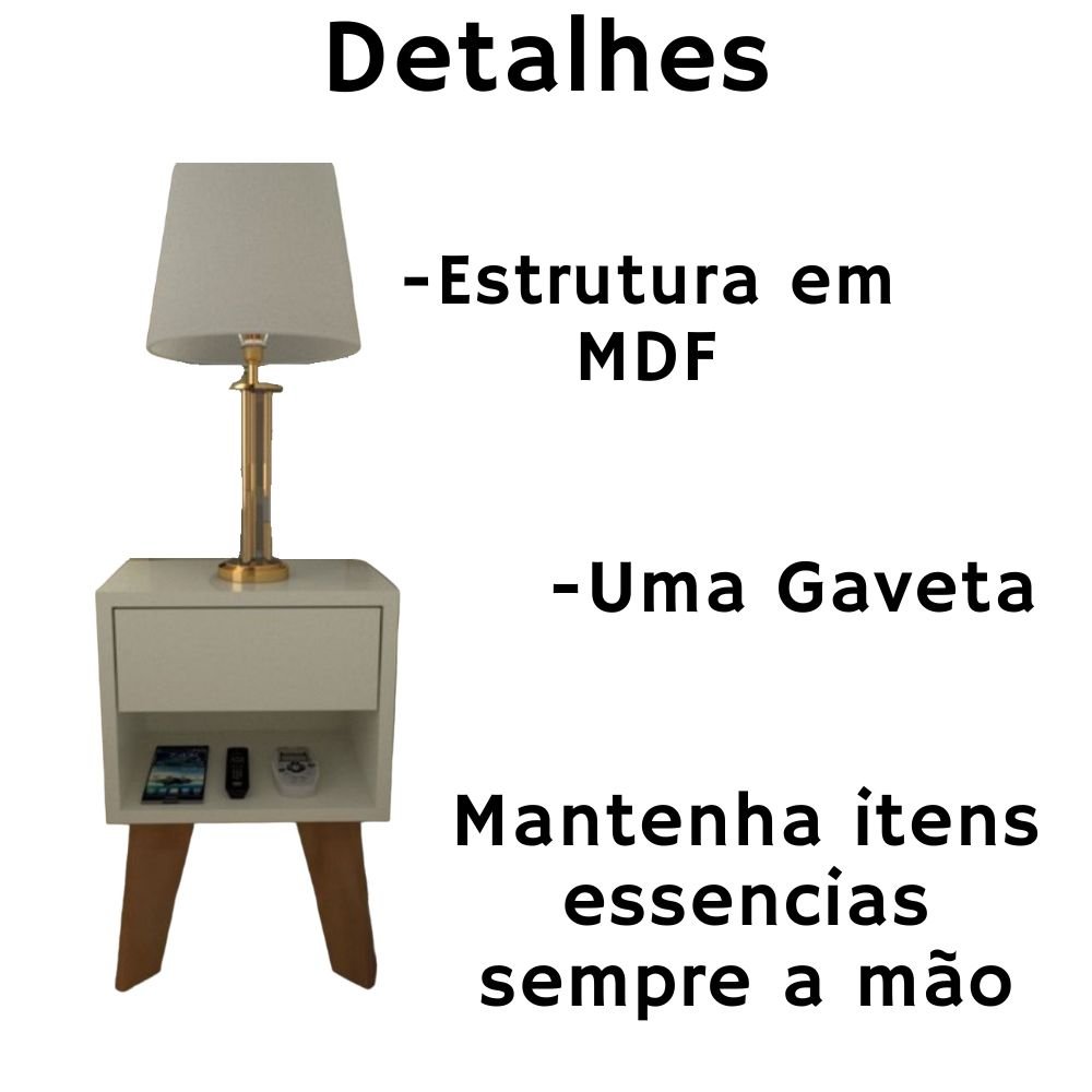 Kit 2 Mesas de Cabeceira 1 Gaveta 30 Cm Mdf Branco com Pés Fj Decor Retrô - 2