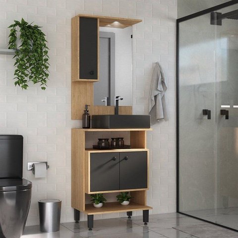 Conjunto de Banheiro com Gabinete Cuba e Espelheira LED Berlin 60cm Marrom/Carvalho Nature/Preto
