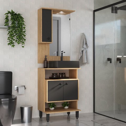 Conjunto de Banheiro com Gabinete Cuba e Espelheira LED Berlin 60cm Marrom/Carvalho Nature/Preto