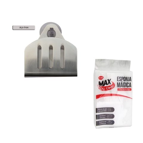 Porta Esponja de Inox com Ventosa Redondo com Esponja Magica Utensilios do Chef