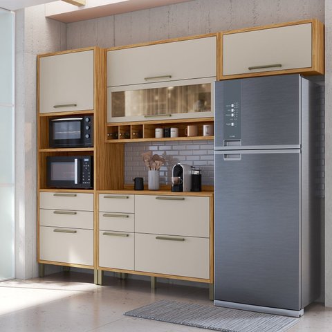 Armário de Cozinha Compacta Modulada 4 Peças 7 Portas com Vidro 274cm 100% MDF Vicenza Espresso Móveis Bege/Amêndoa/Off White
