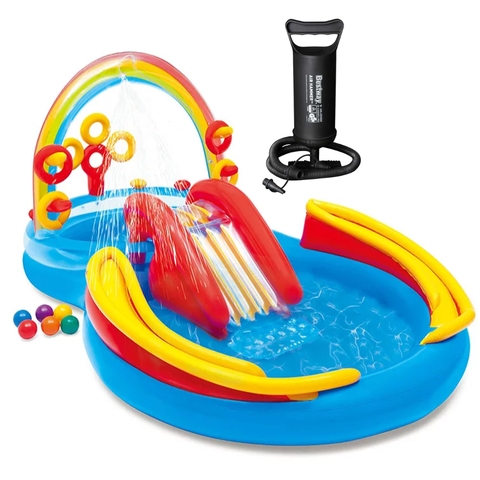 Kit Piscina Playground Arco-íris 227 Litros com Tobogã com Bomba Manual Intex