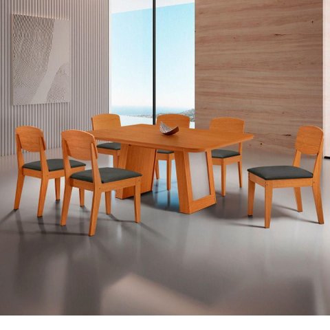 Conjunto de Jantar Carolina Laminado 6 Lugares Tampo MDF com Cadeiras Copper Grafite 180cm Moderna