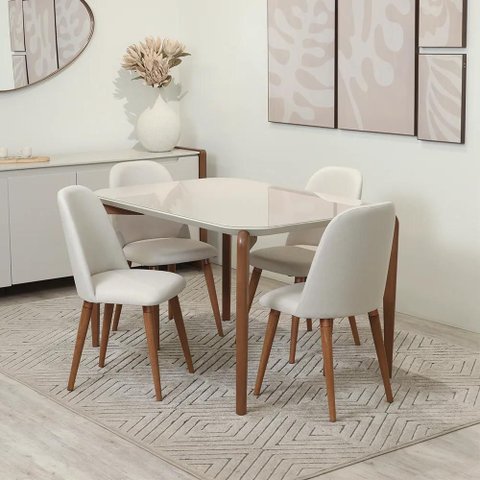 Conjunto de Jantar Mesa Retangular com Vidro Donatella com 4 Cadeiras New Drop - Natural C/ Off