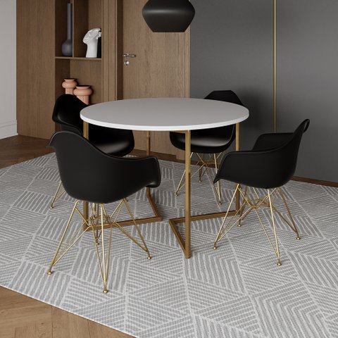 Mesa Jantar Industrial Branca 110cm Redonda Base V com 4 Poltronas Eames Eiffel Daw Pretas Base Dour