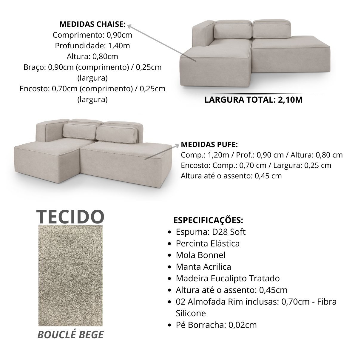 Sofá Versatile Tecido Bouclé Bege 2,10m - 4