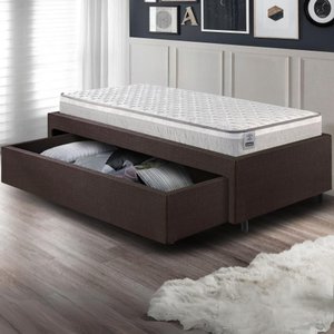 Base Box Cama Solteiro Sapateira Courino Linho Marrom e Colchão Hanover Inducol 88x188