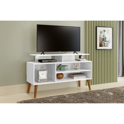 Rack Retrô para TV até 42 Polegadas 110cm Pés em Madeira Maciça Retrô Lyon Branco