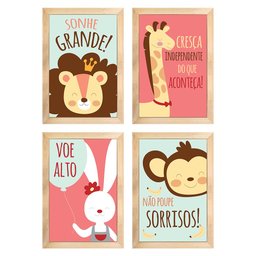 Kit 4 Quadros Infantil Leão Animais Bichos Frases 20x30cm Arte na Arte moldura mel - 4
