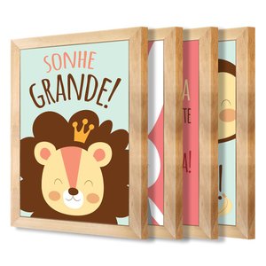 Kit 4 Quadros Infantil Leão Animais Bichos Frases 20x30cm Arte na Arte moldura mel