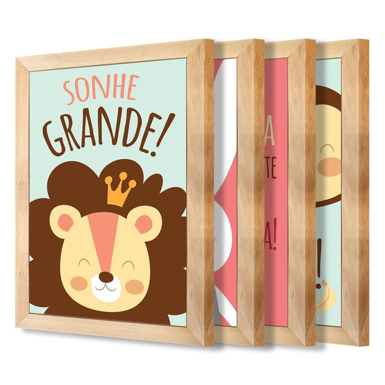 Kit 4 Quadros Infantil Leão Animais Bichos Frases 20x30cm Arte na Arte moldura mel