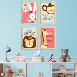 Kit 4 Quadros Infantil Leão Animais Bichos Frases 20x30cm Arte na Arte moldura mel - 2