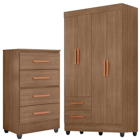 Kit Guarda-Roupa Solteiro 4 Portas e Cômoda 4 Gavetas Lisa Carvalho Oak