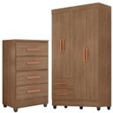 Ver imagem 1 de Kit Guarda-Roupa Solteiro 4 Portas e Cômoda 4 Gavetas Lisa Carvalho Oak