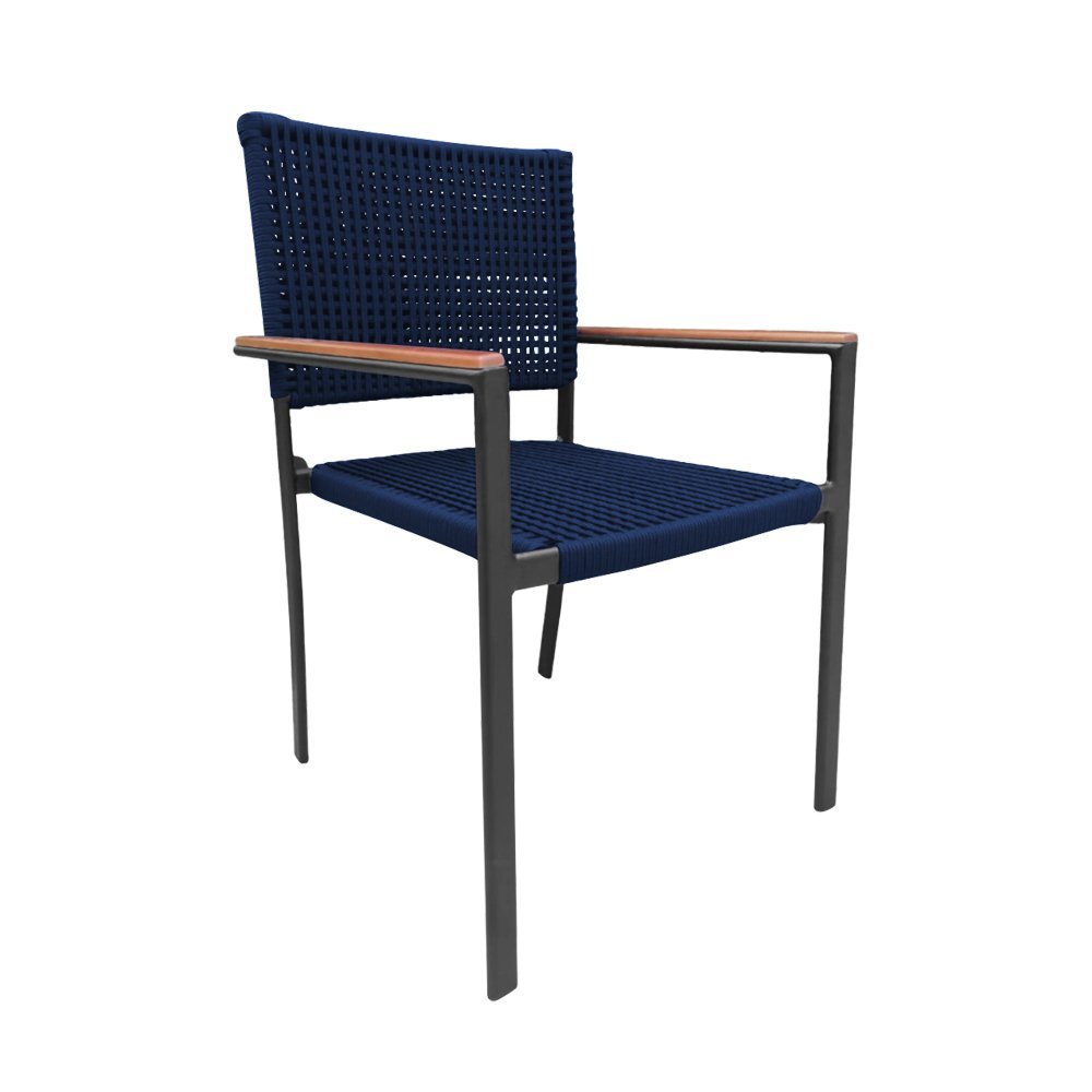 Cadeira Piracicaba Corda Náutica Braço com Detalhe em Madeira Base Alumínio Preto/azul Marinho