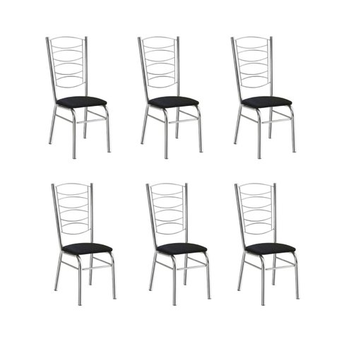 Conjunto 6 Cadeiras Tubular Cromada com Reforço Suporte Peso 150 Kgs-Corino Preto