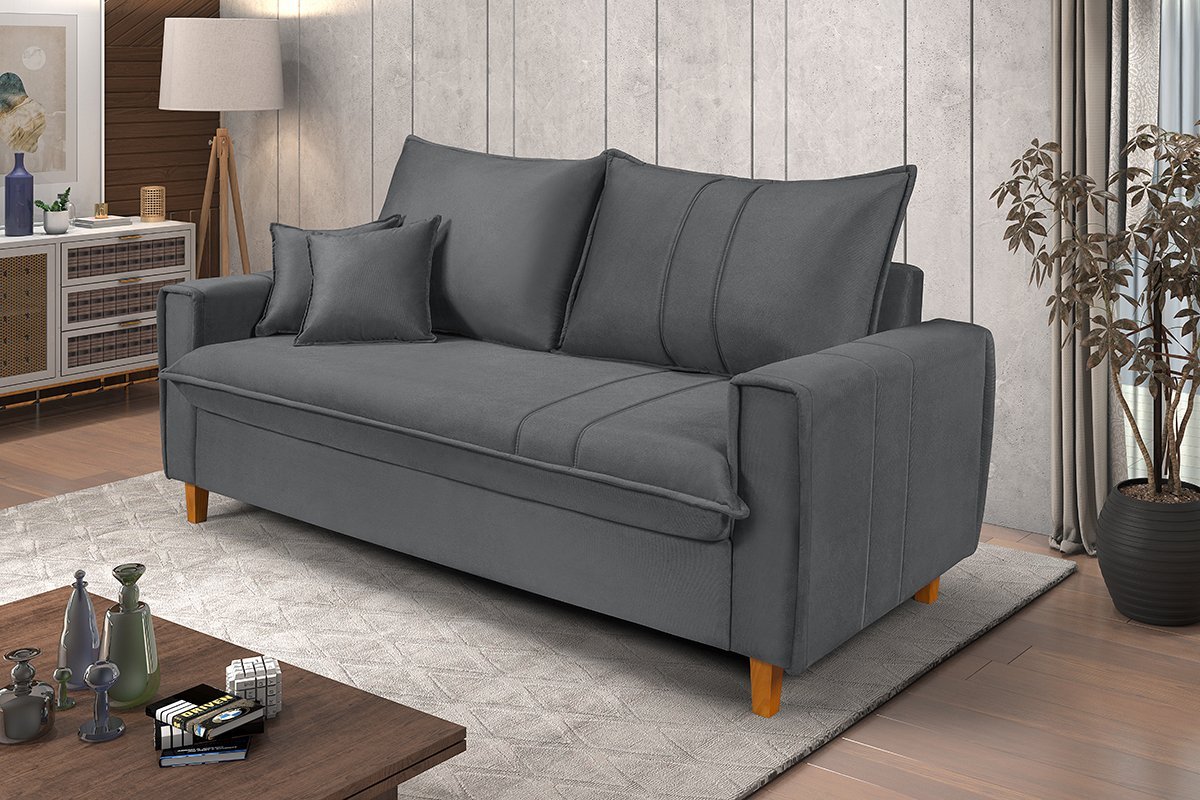 Sofa Living com Bau Multiuso 3 Lugares Suede Pes em Madeira: Cinza - 2