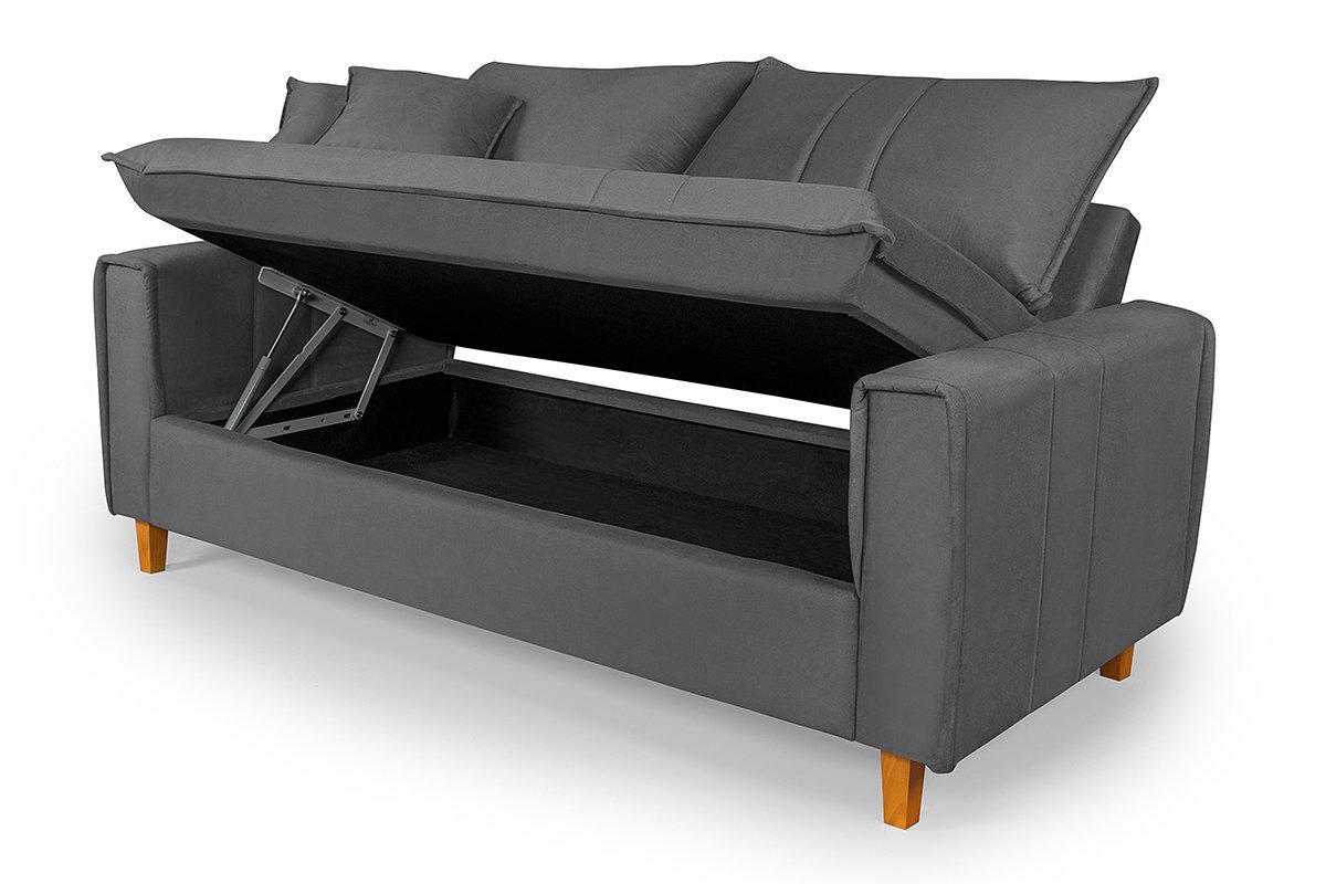 Sofa Living com Bau Multiuso 3 Lugares Suede Pes em Madeira: Cinza - 3