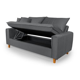 Sofa Living com Bau Multiuso 3 Lugares Suede Pes em Madeira: Cinza - 3