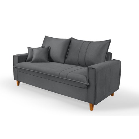 Sofa Living com Bau Multiuso 3 Lugares Suede Pes em Madeira: Cinza