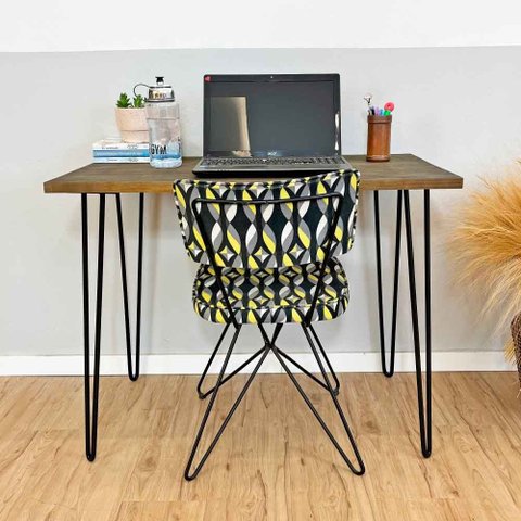 Mesa para Escritório de Ferro e Madeira 96cm Hairpin Industrial Tabaco e Preto