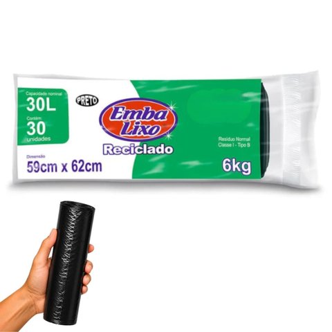 Saco para Lixo Preto Reciclado Resistente Reforçado 30 Litros 59cm x 62cm Pacote com 30 Unidades | e