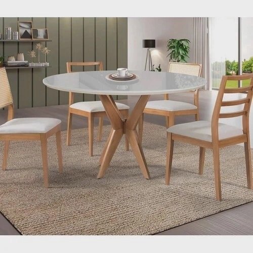 Mesa de Jantar Tampo e Vidro Laqueado 90cm Base Estrela Off White  **SOMENTE A MESA**