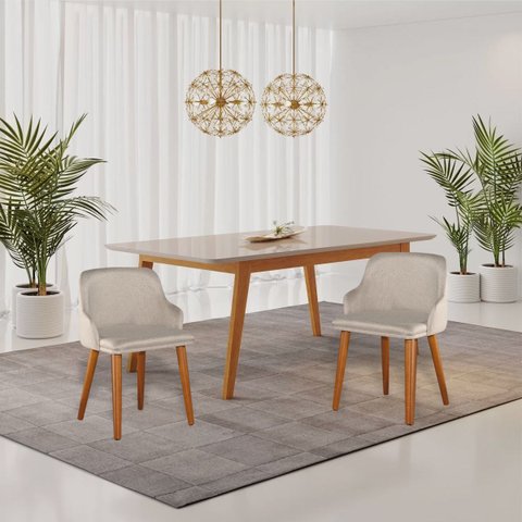 Kit2 Cadeira Diamante Linho C/ Couro Pés Madeira Sala Jantar