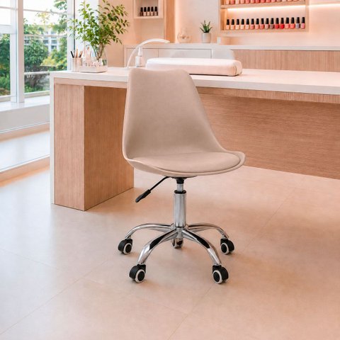Cadeira Office Saarinen Giratória Base Cromada com Rodízio e Ajuste de Altura Bege