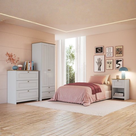 Quarto Americano Completo Infantil com Guarda-roupa 2 Portas, Cômoda 3 Gavetas e Mesa de Cabeceira