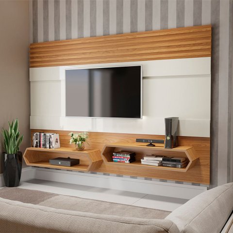 Painel Pa22 para Tv até 65 Polegadas 02 Nichos 220cm Ripado Off White Freijó Dalla Costa