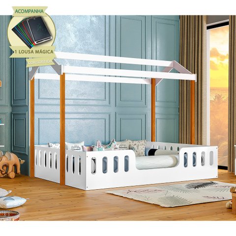 Cama Casal Casinha Segura Montessoriana Ágatha - Branco/mel Incluso Lousa Mágica