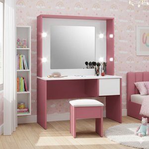 Penteadeira Camarim Infantil Menina C/ Luz Led e Gaveta Rosa