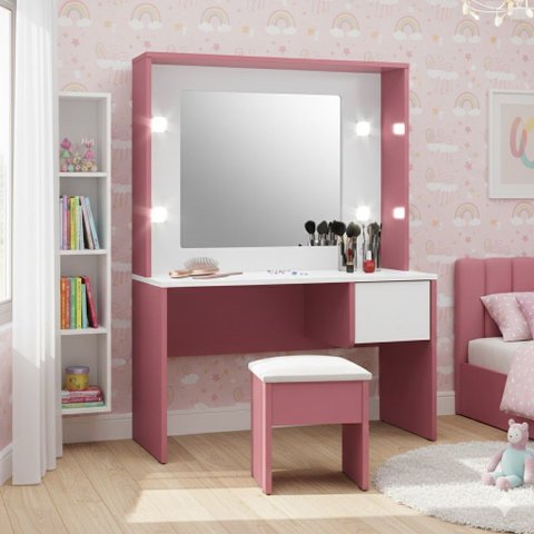 Penteadeira Camarim Infantil Menina C/ Luz Led e Gaveta Rosa