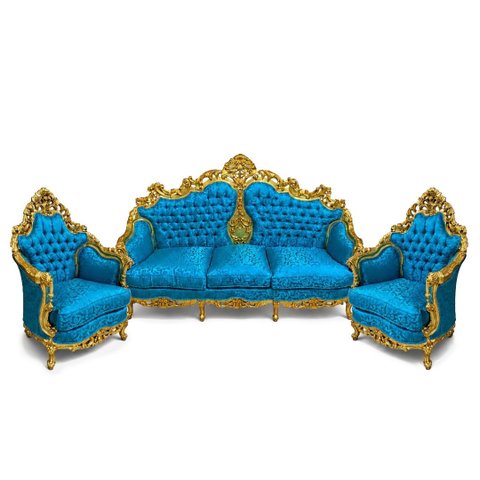 Jogo de Sofá Clássico com Par de Poltronas Verde Tiffany com Dourado 122x206x80cm