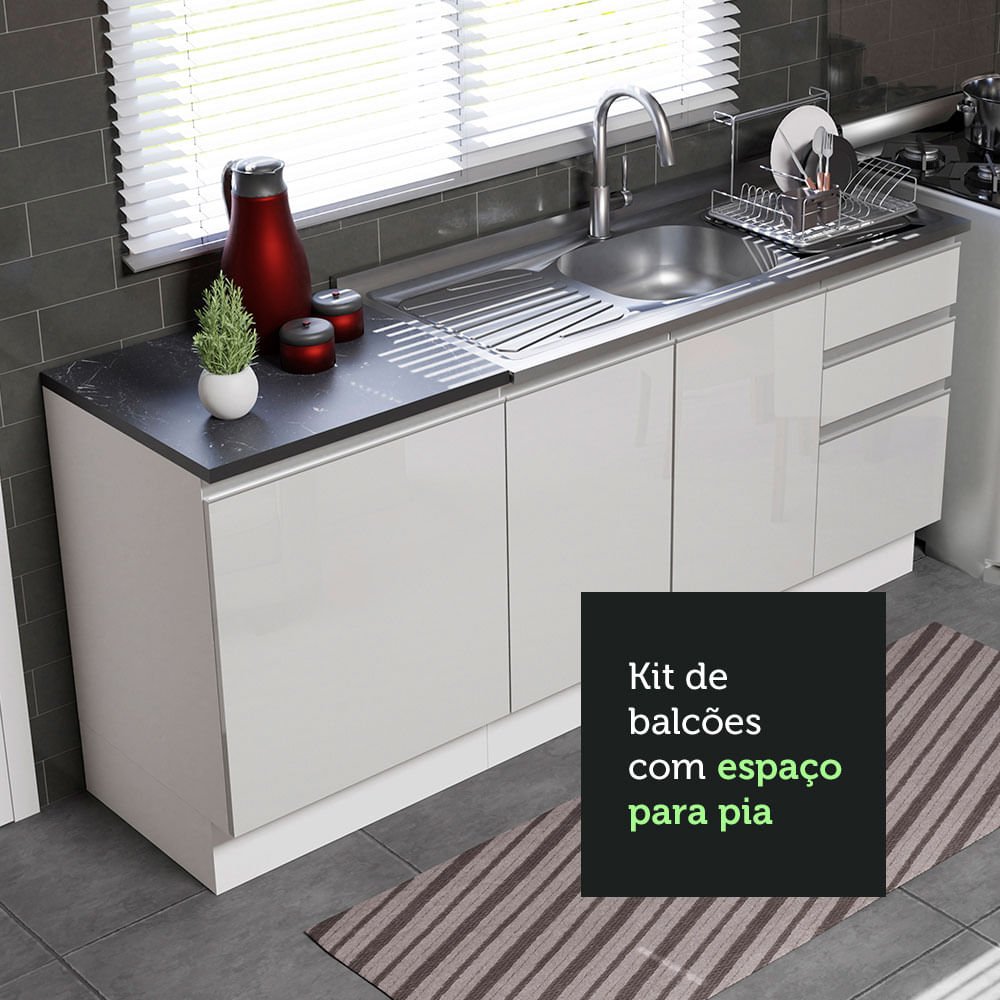 Kit com 2 Balcões de Cozinha Madesa Acordes 100% MDF (Sem Tampo e Pia) Frentes Branco Brilho Cor:Bra - 6